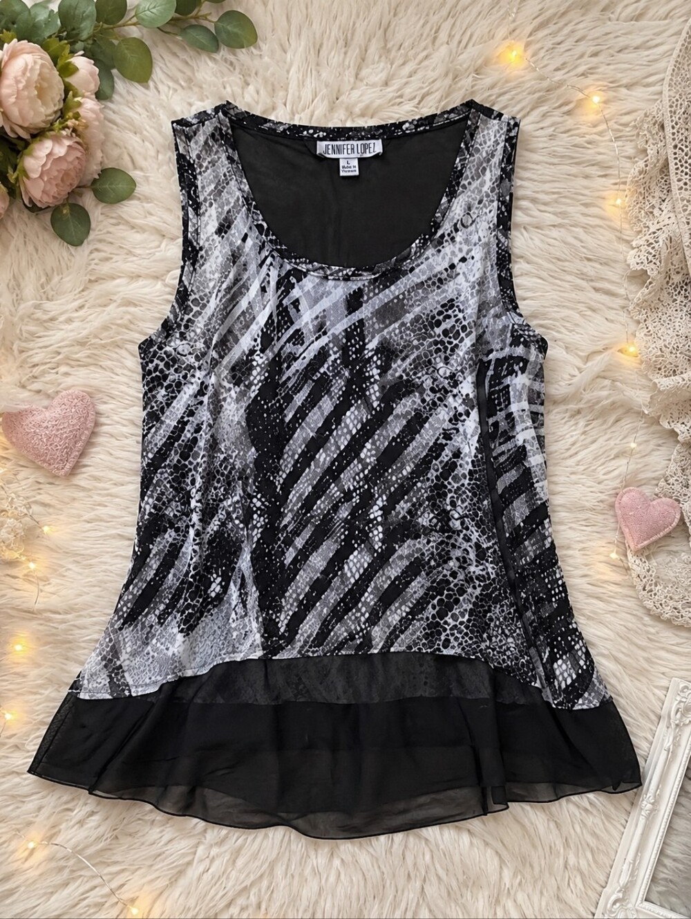 Jennifer Lopez Sleeveless Print Mesh Hem Tunic Blouse Size Large